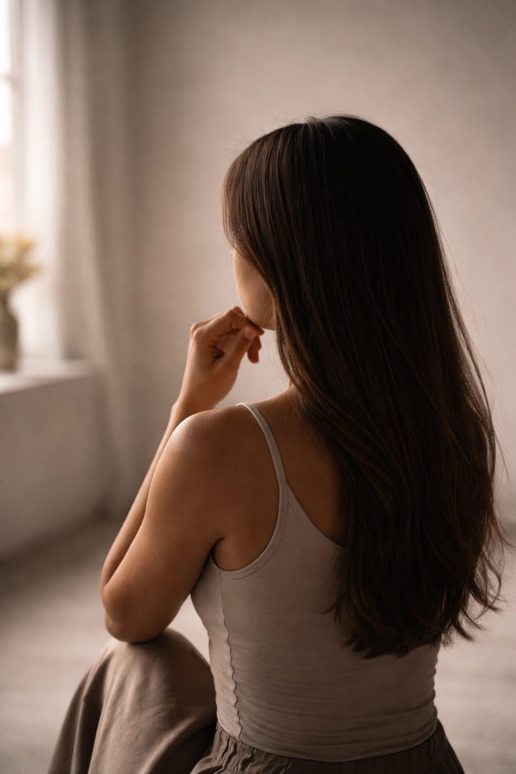 Abstract contemplative silhouette in a minimalist studio setting.
