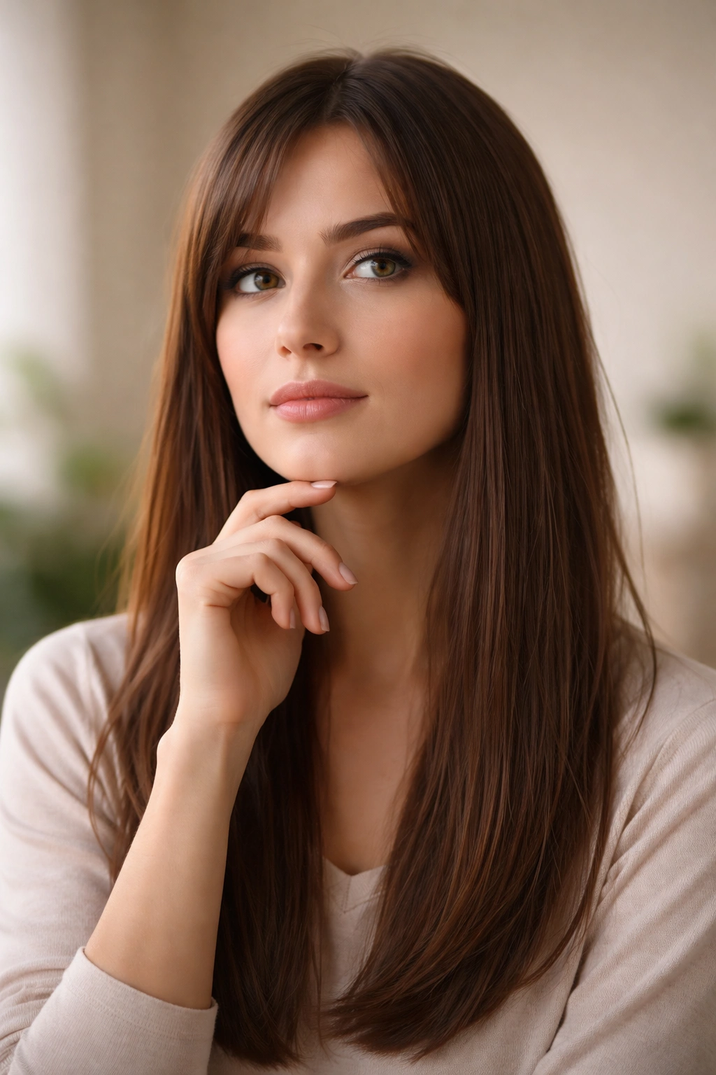 Contemplative portrait suggesting thoughtful choice about bangs
