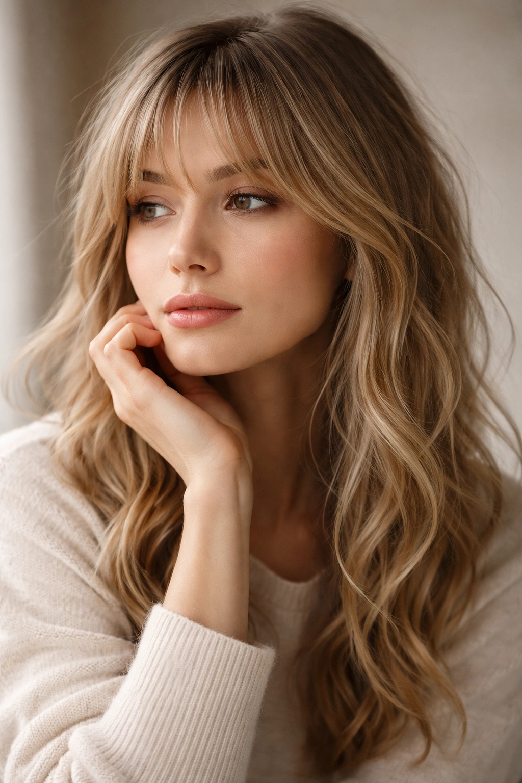 Contemplative portrait with bangs in fine wavy hair and a thoughtful mood