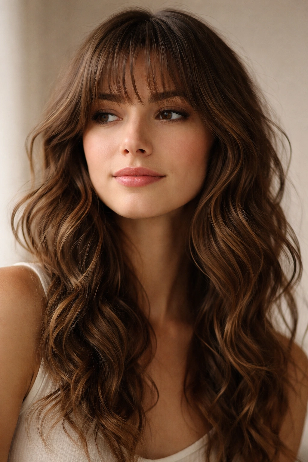 contemplative portrait of bangs on wavy hair without text