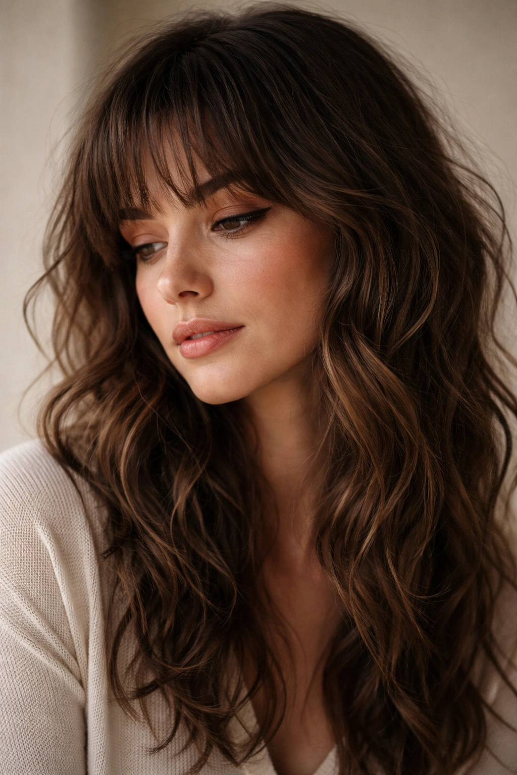 Thoughtful portrait of a person with wavy hair and bangs, emphasizing texture and movement