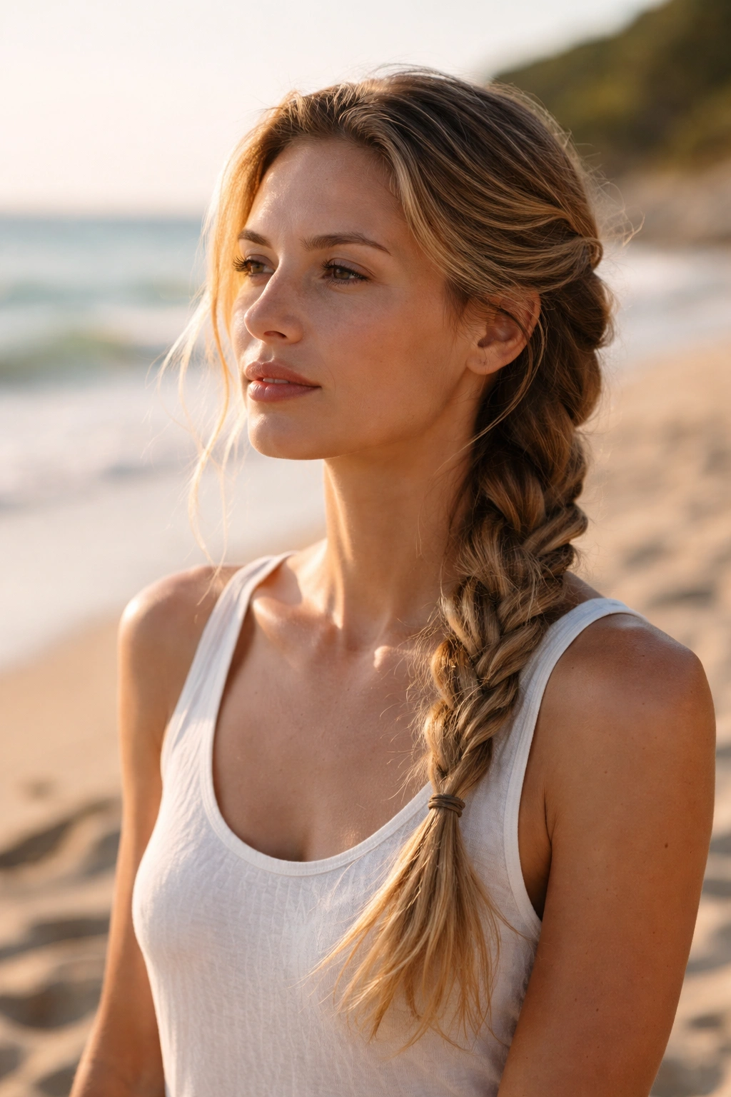 Relaxed beach portrait reflecting on braided hairstyles