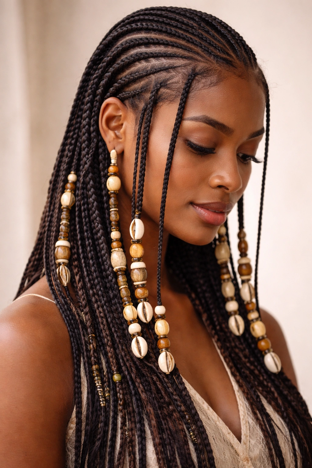 Elegant close-up of beaded Fulani braid hairstyle