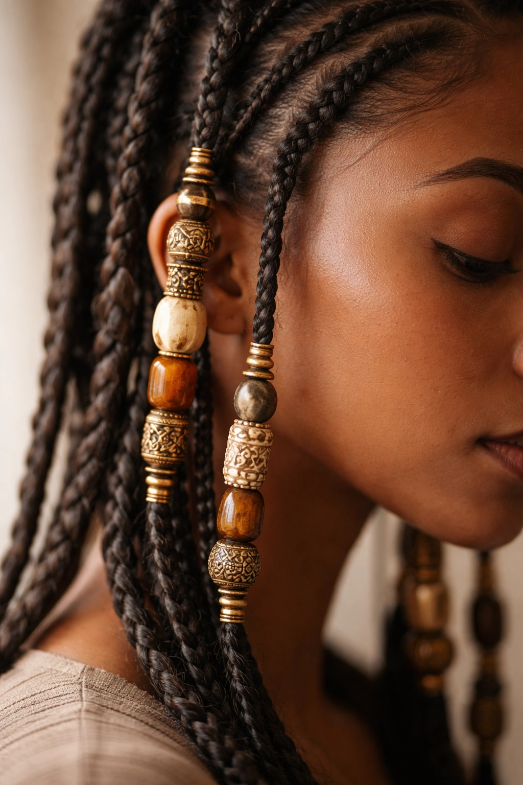Calm close-up of bead-adorned Fulani braid in soft light