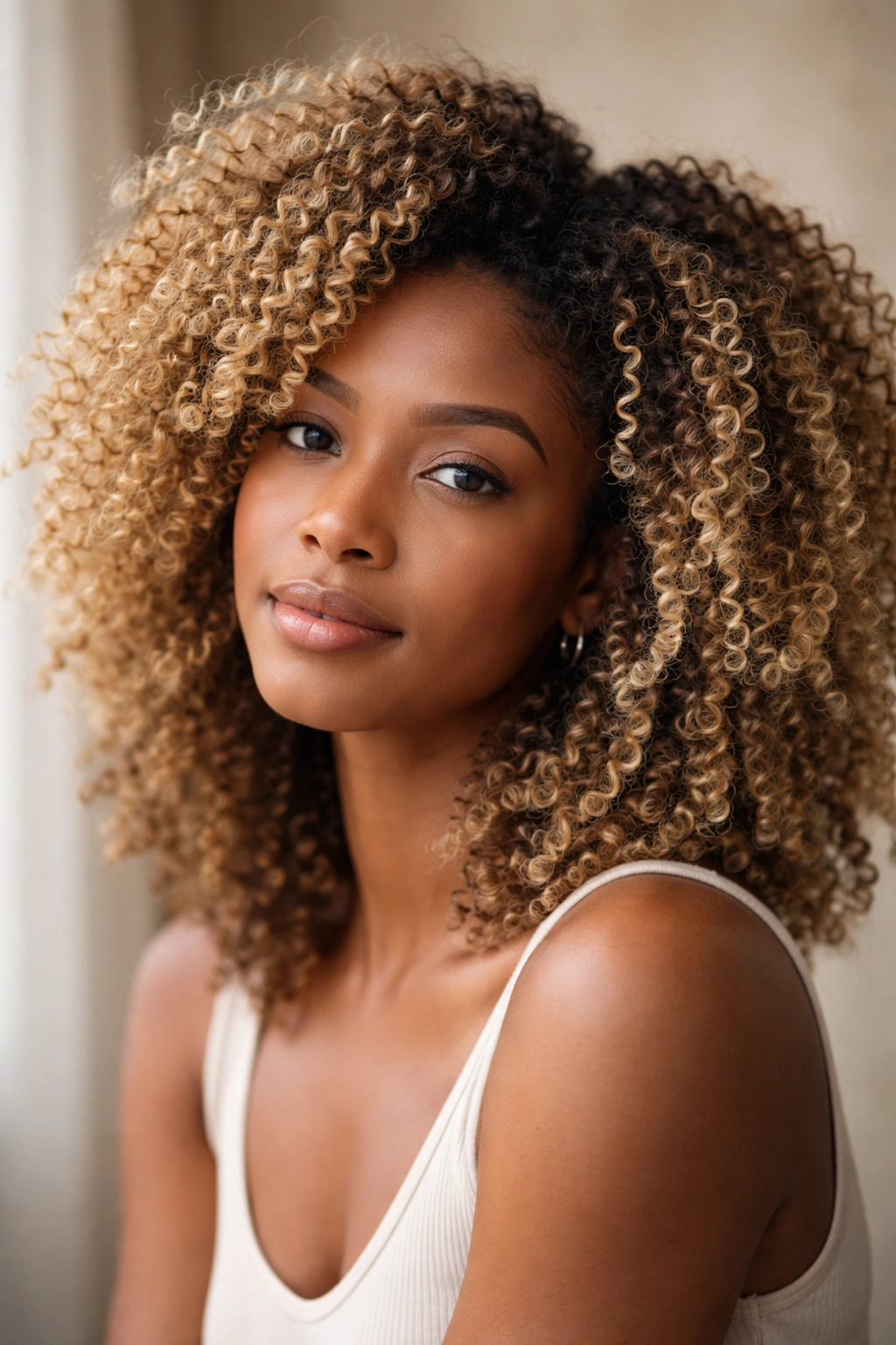 Studio portrait of person with blonde coily hair looking thoughtful