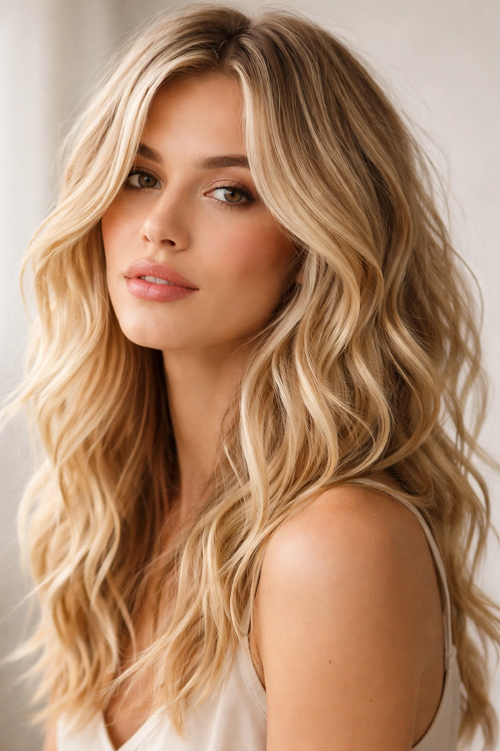Close-up portrait of a person with wavy blonde layered hair in a minimalist studio