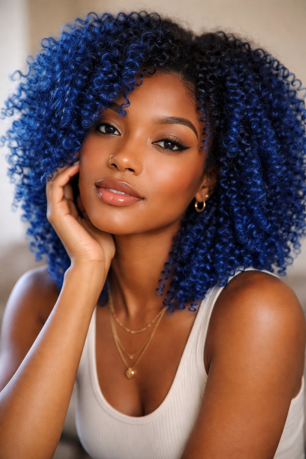 Person with vibrant blue coily hair in a relaxed thoughtful pose
