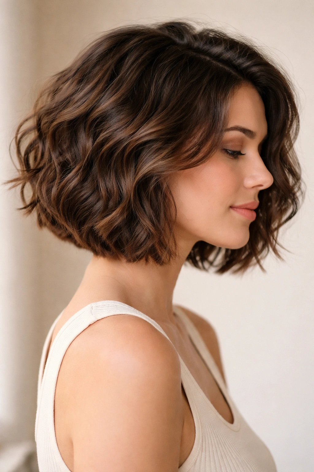 Minimal studio portrait of a finished thick wavy bob silhouette