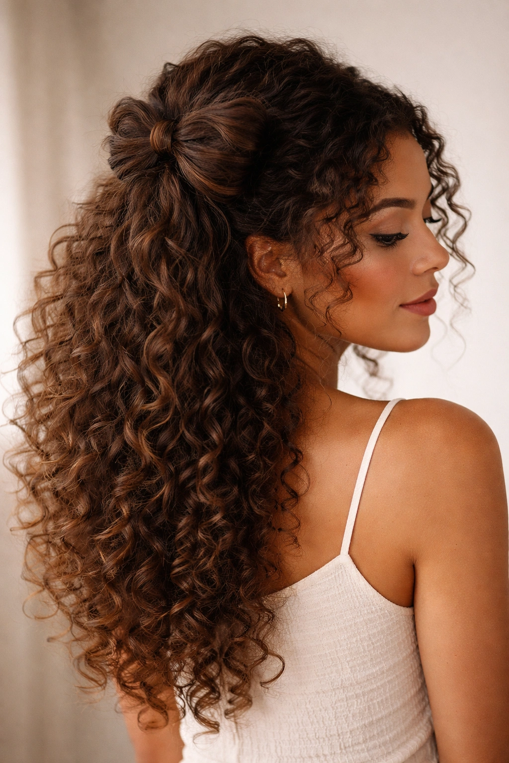 Close-up portrait of a person with curly hair in a loose half-up half-down bow, soft studio lighting
