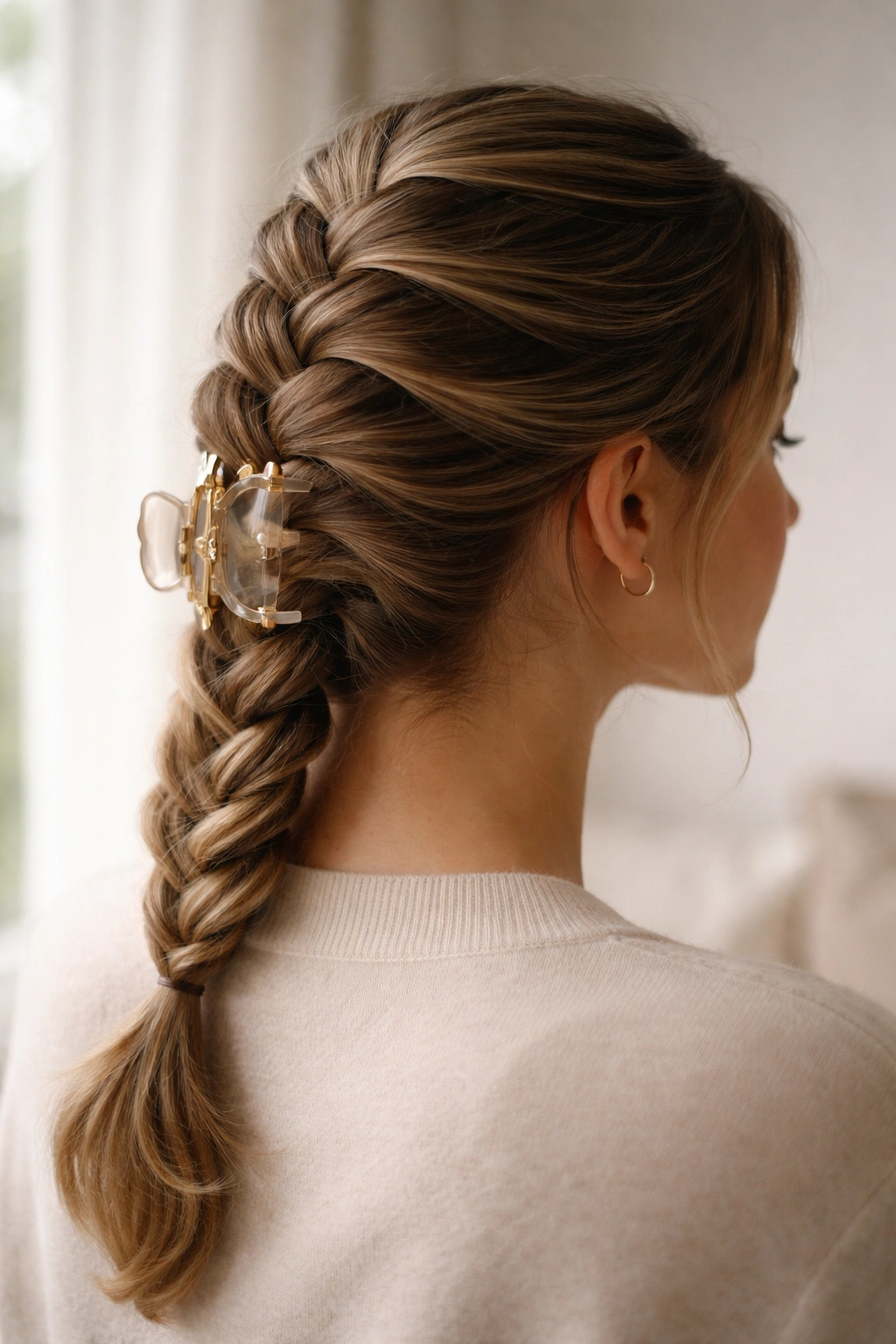 Side profile of a person with finished French braid secured by a claw clip, calm and polished.