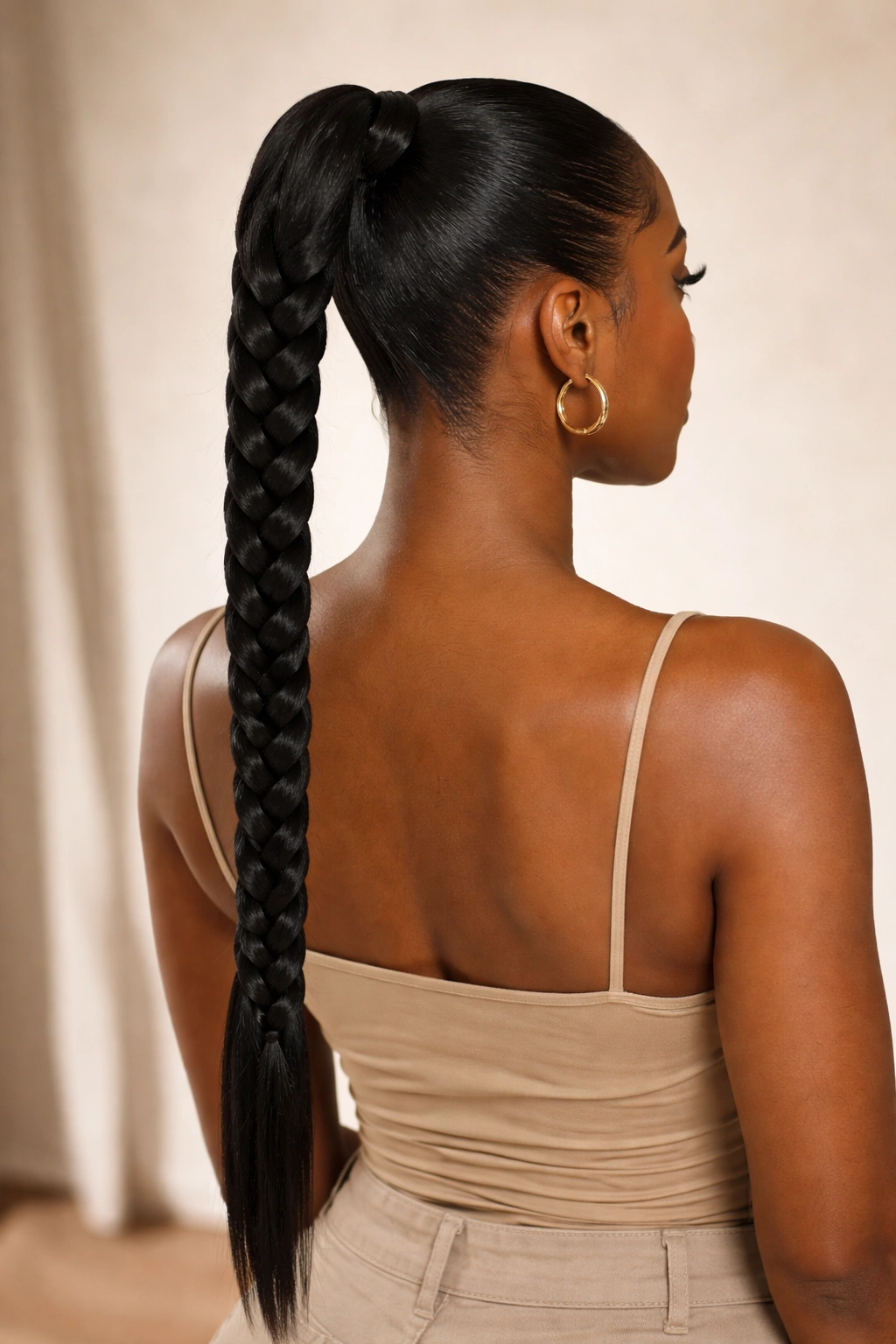 Back view of a polished braided ponytail representing final look