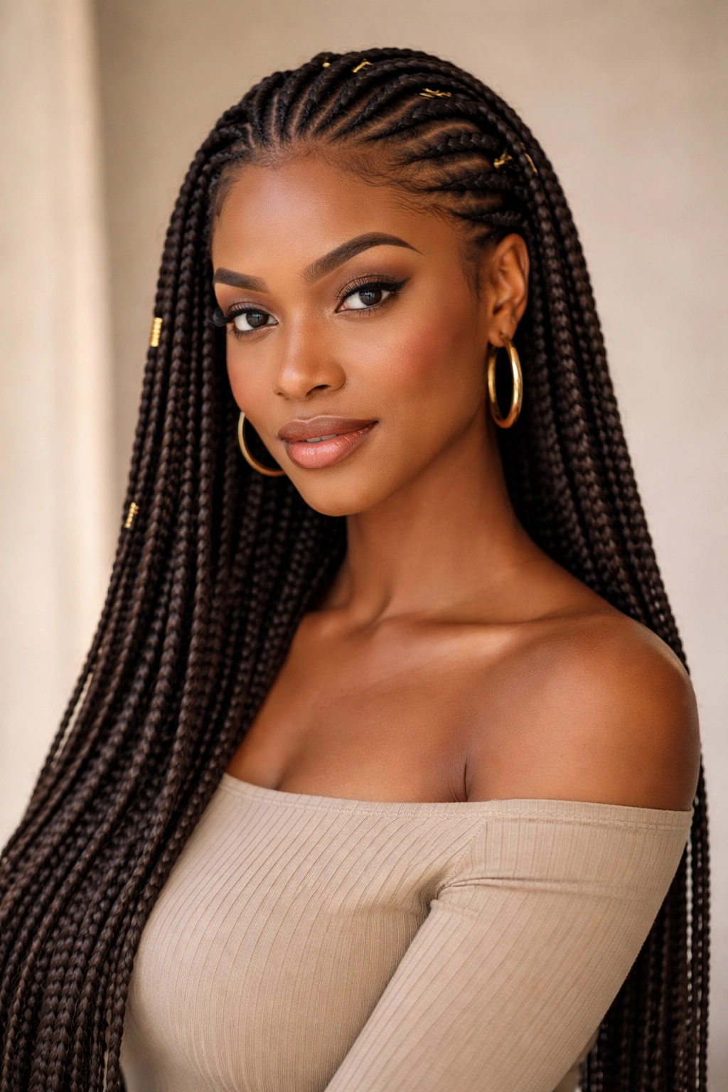 Portrait of a person with half cornrows and box braids