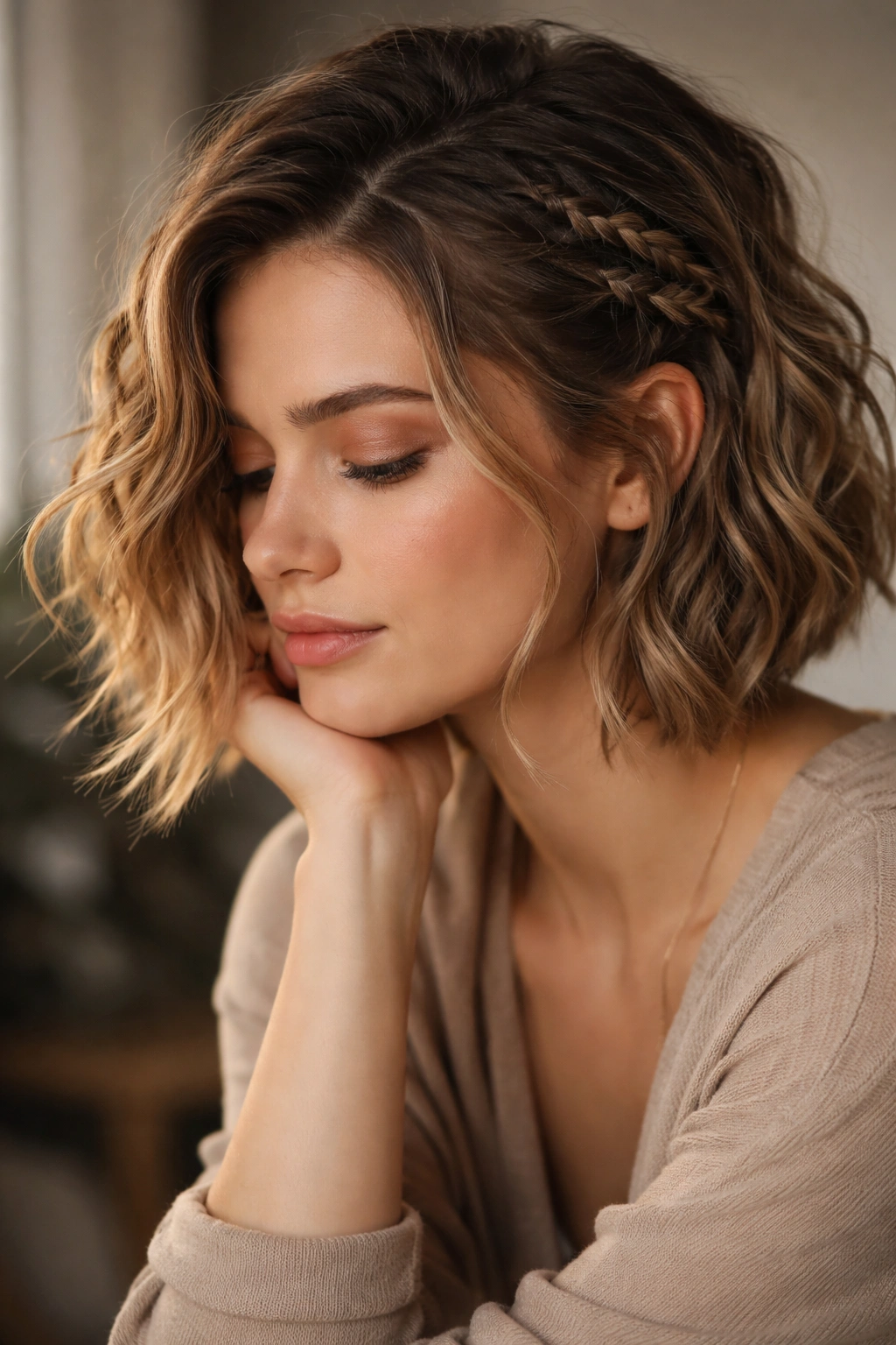 Contemplative portrait of a person with short wavy braids