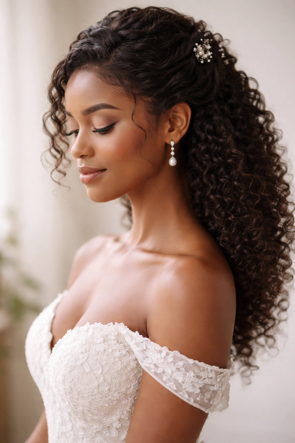 Minimal bridal silhouette with soft lighting and half-up hairstyle