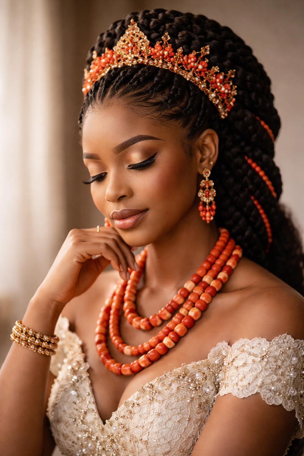 Serene bridal portrait reflecting on hairstyle choices