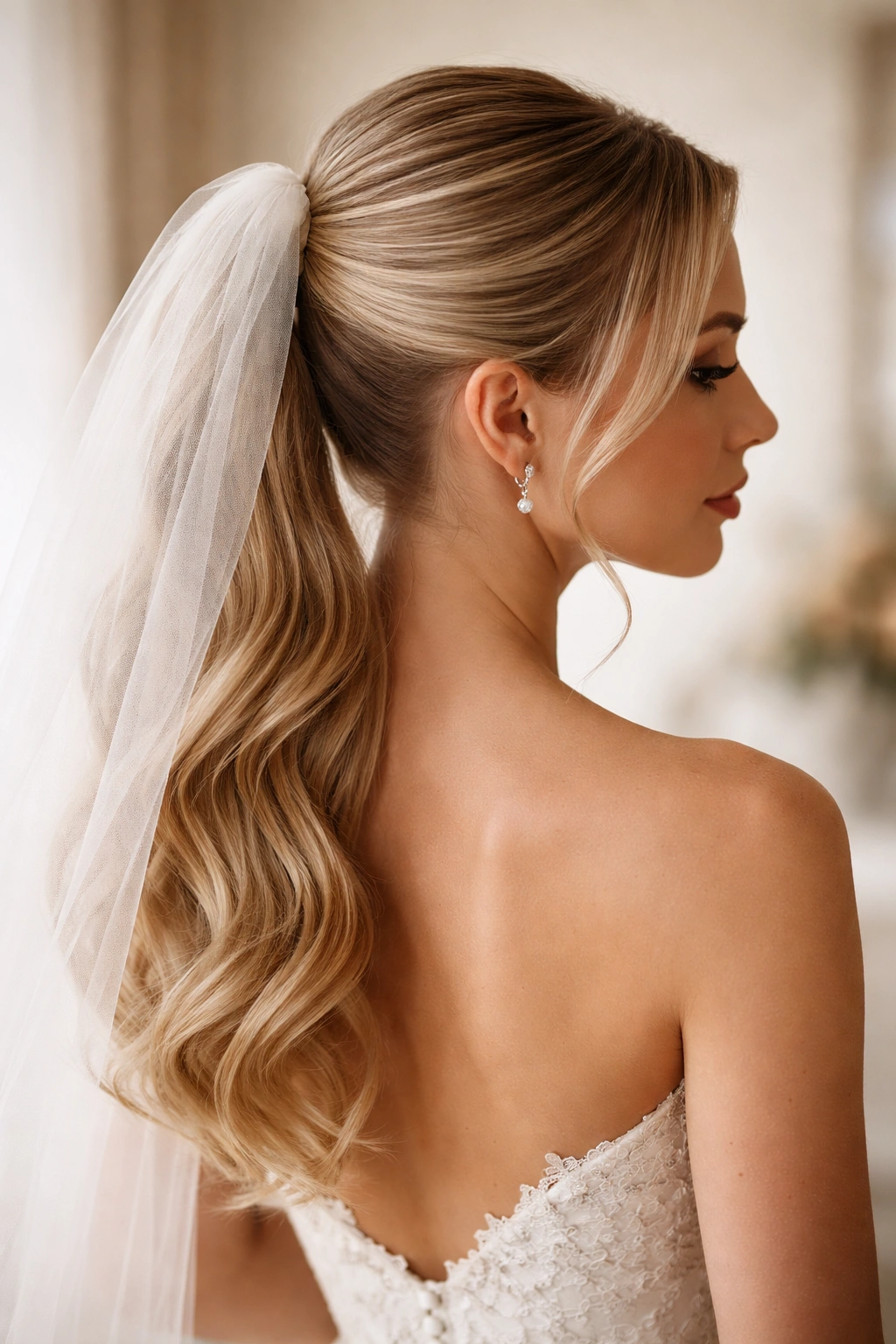 Close-up of a bridal ponytail with veil secured at the crown, showcasing smooth hair texture and veil placement