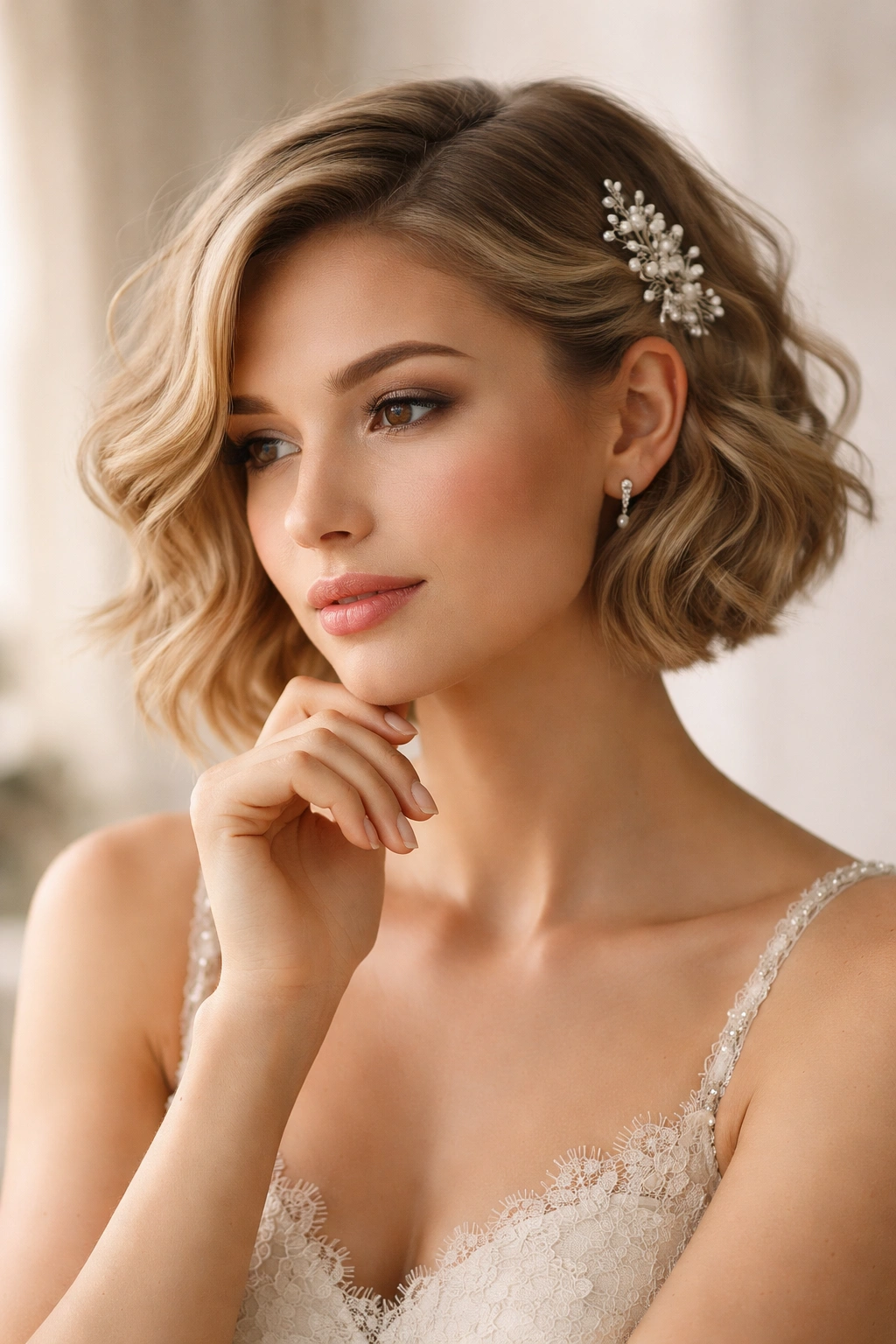 Contemplative bridesmaid portrait with short wavy hair