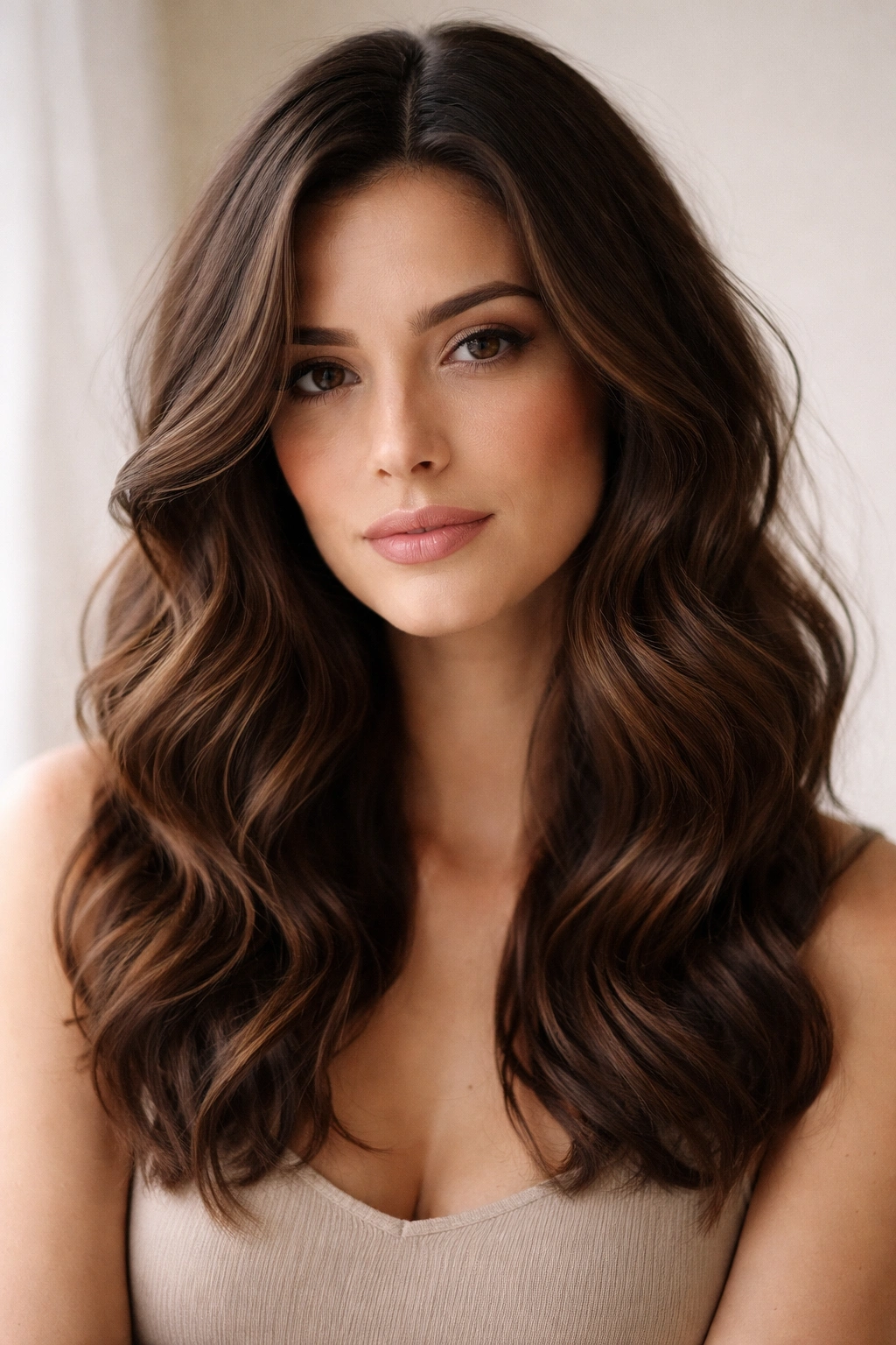 Close-up portrait of a brunette woman with medium-length wavy hair in soft natural light