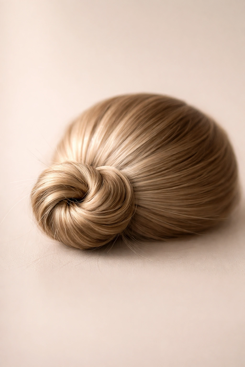 Minimalist hair coil forming a small bun on a plain background