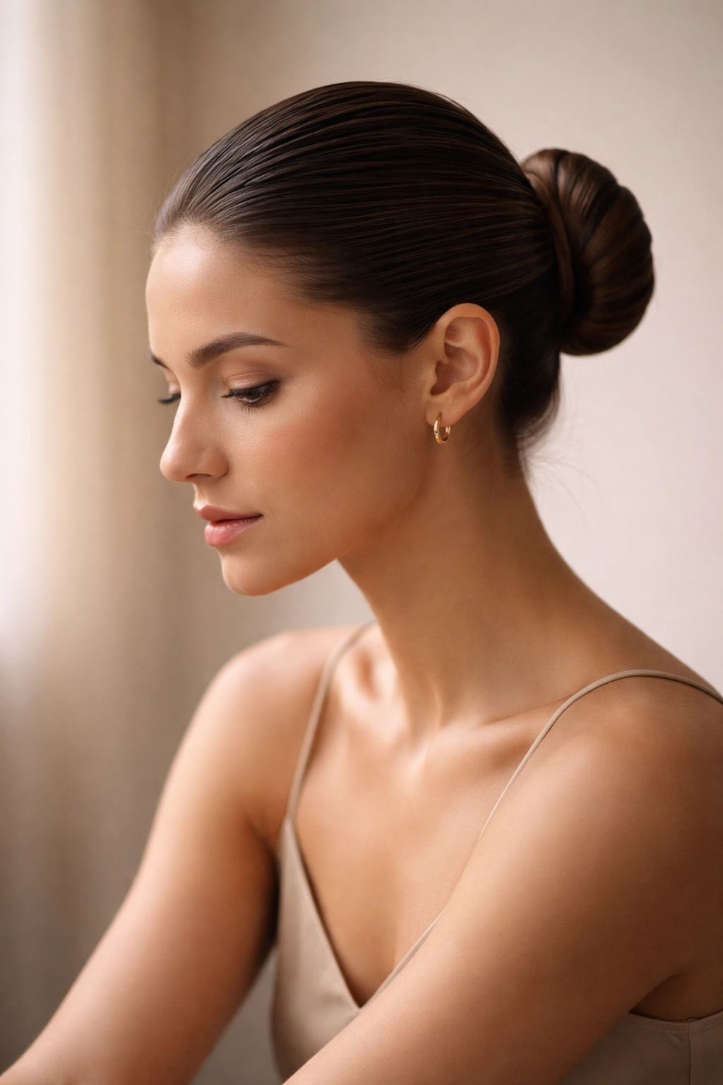 Contemplative portrait of a person with a slicked-back bun in soft lighting