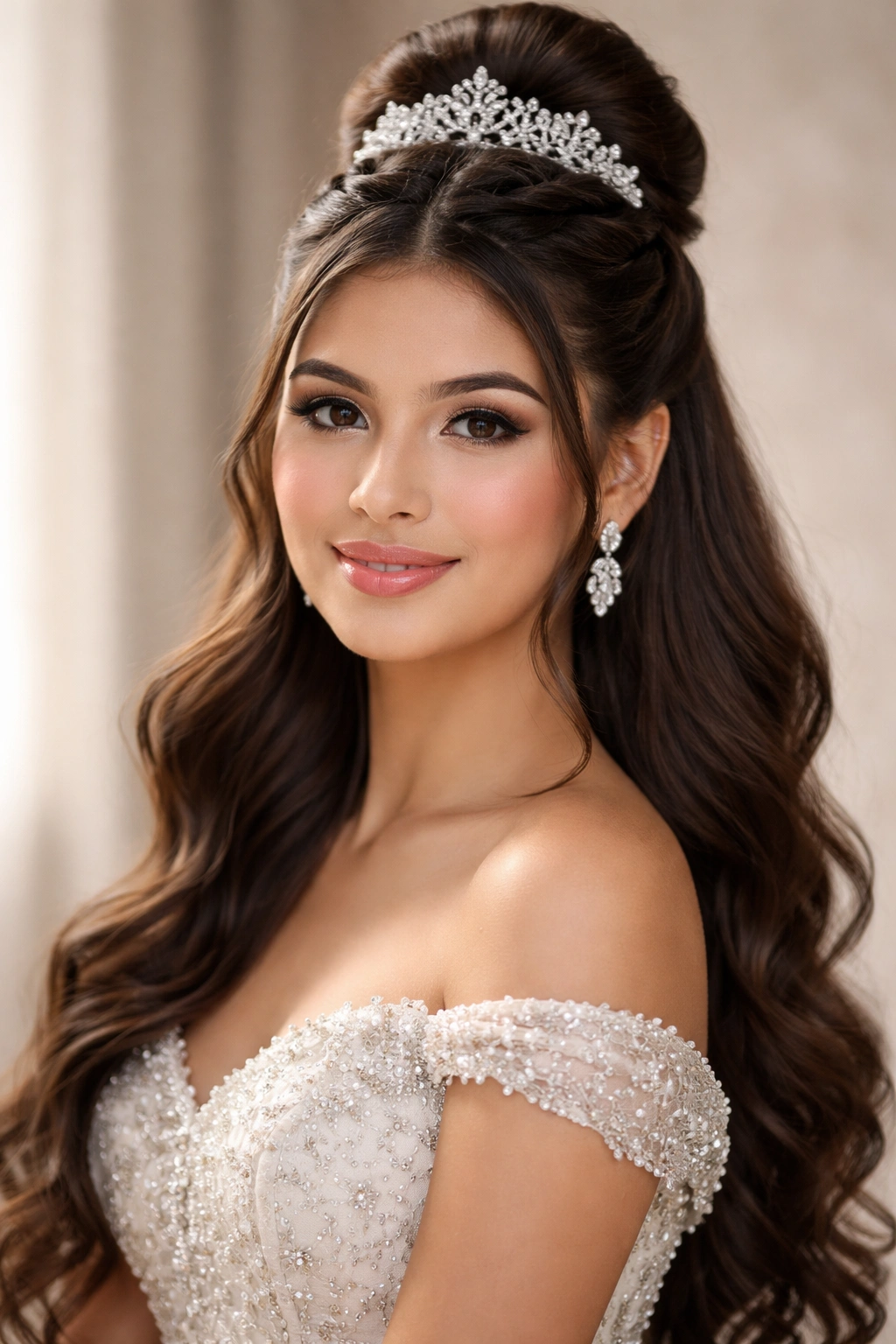 Close-up portrait of quinceañera girl with a polished half-up half-down bun in studio lighting