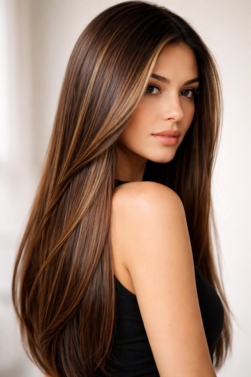 Hair silhouette with caramel highlights in a minimalist portrait