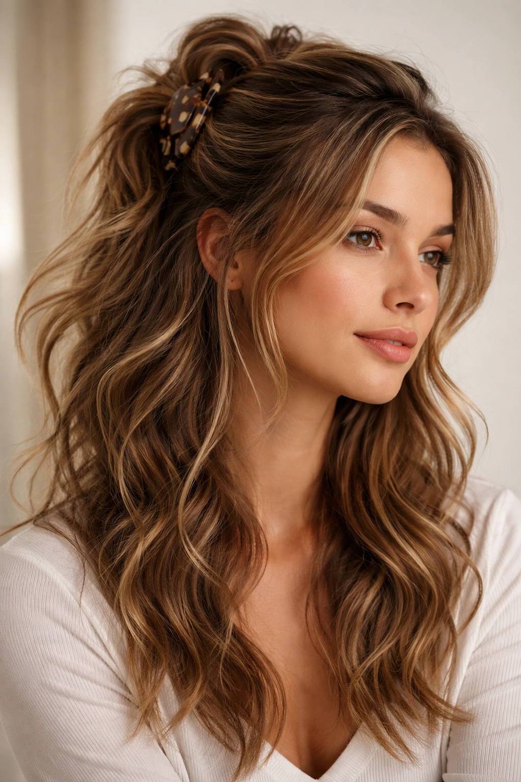 Close-up portrait of a person with a messy claw clip half up half down hairstyle in a thoughtful pose