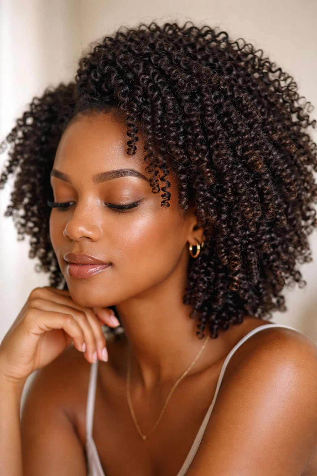 Calm portrait showing well defined coils with textured hair