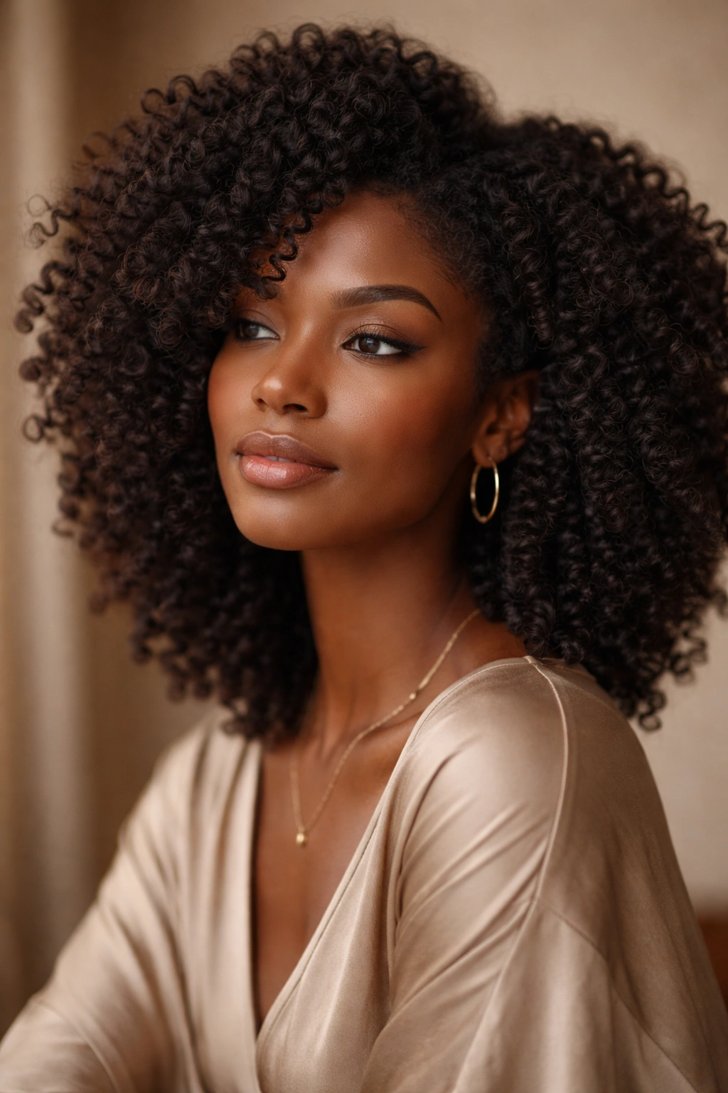 Contemplative portrait of a person with coily hair