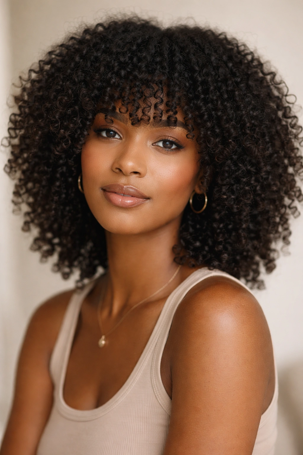 Portrait of a person with coily hair and bangs in a minimalist studio, highlighting curl texture and shrinkage-aware styling