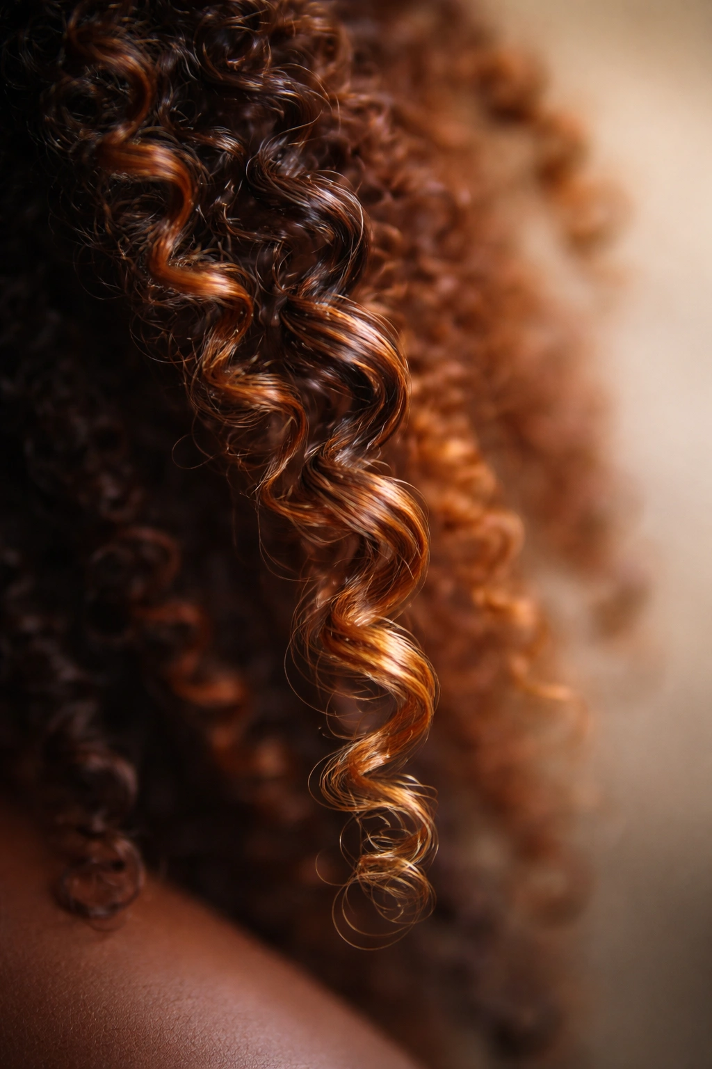Minimalist close-up of glossy coily hair strand in contemplative lighting
