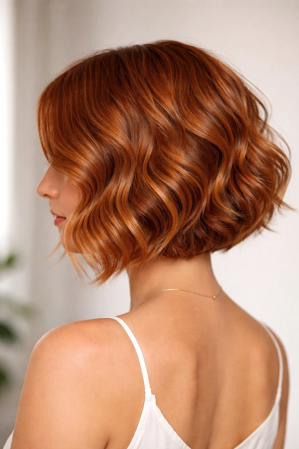 Copper short wavy bob silhouette in studio lighting.