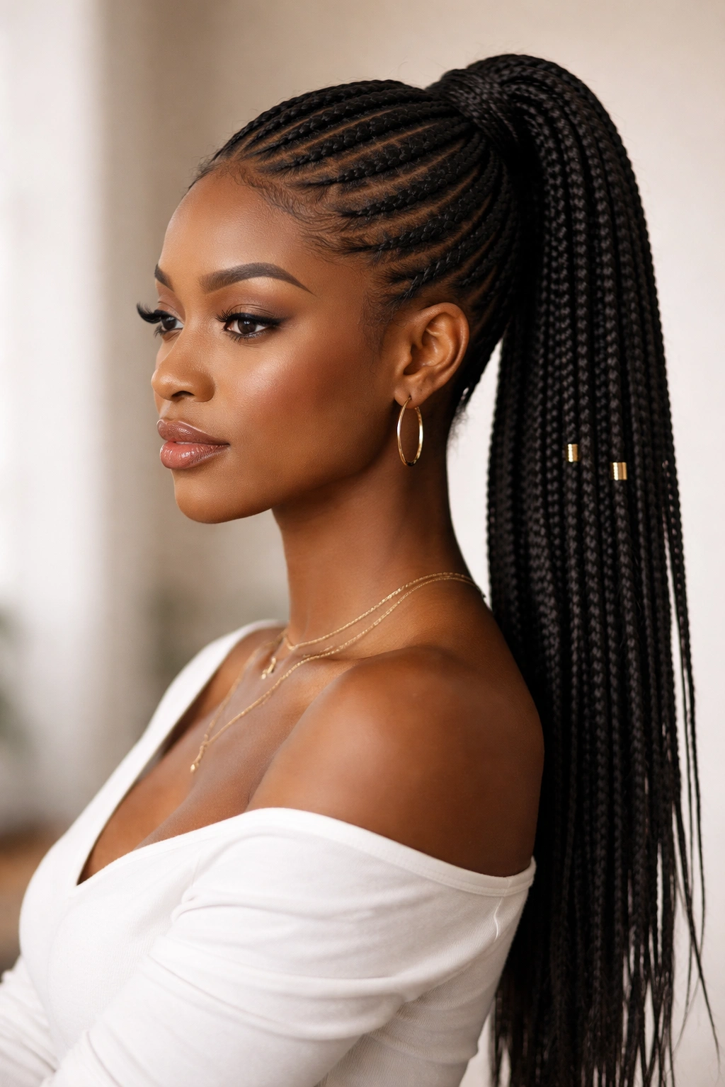 Contemplative studio portrait of a polished cornrow ponytail