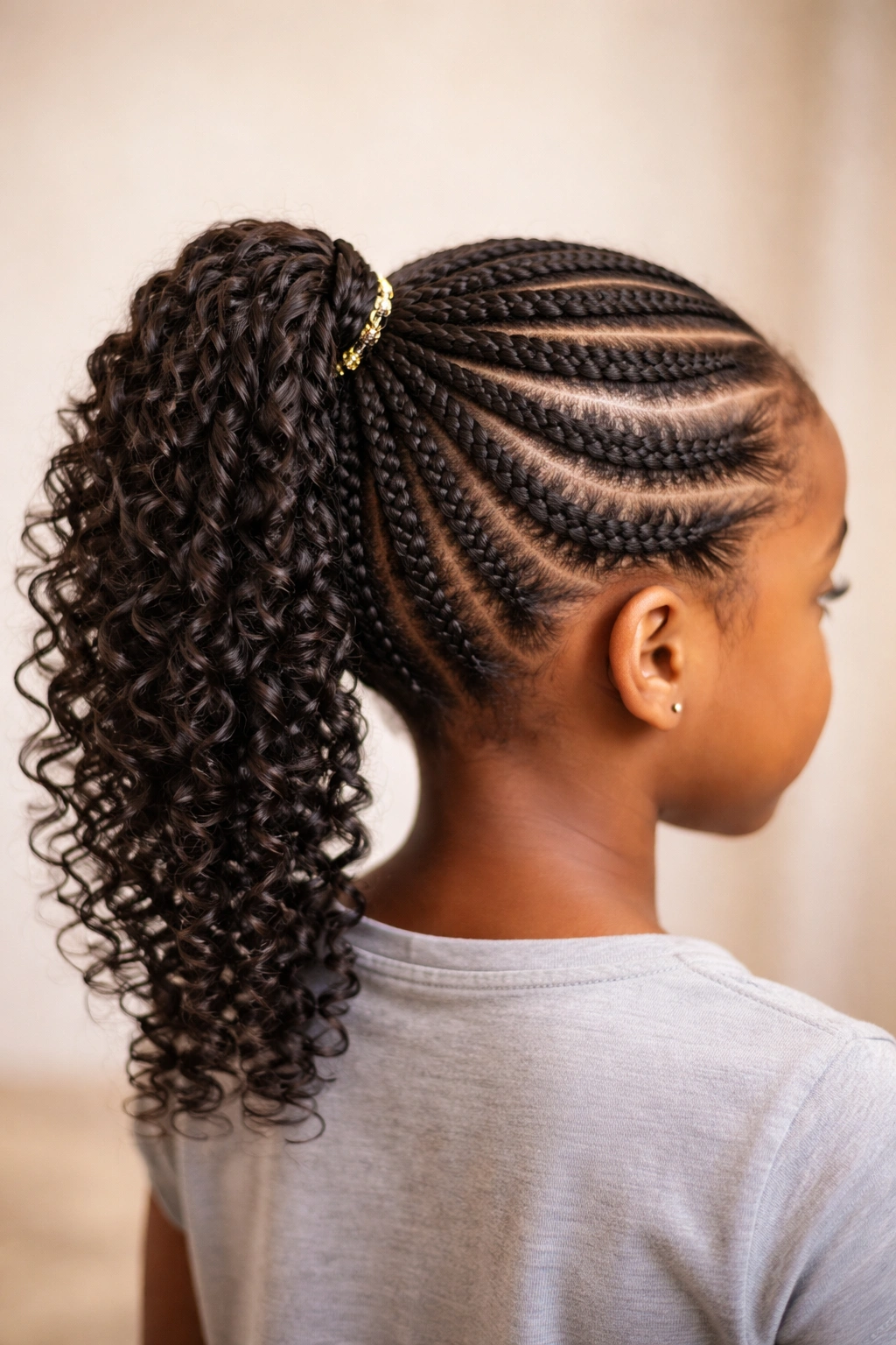 Calm close-up of a child head with neat cornrow ponytails