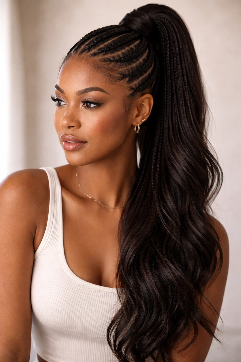 Portrait of a person with a polished cornrow ponytail, conveying versatility.