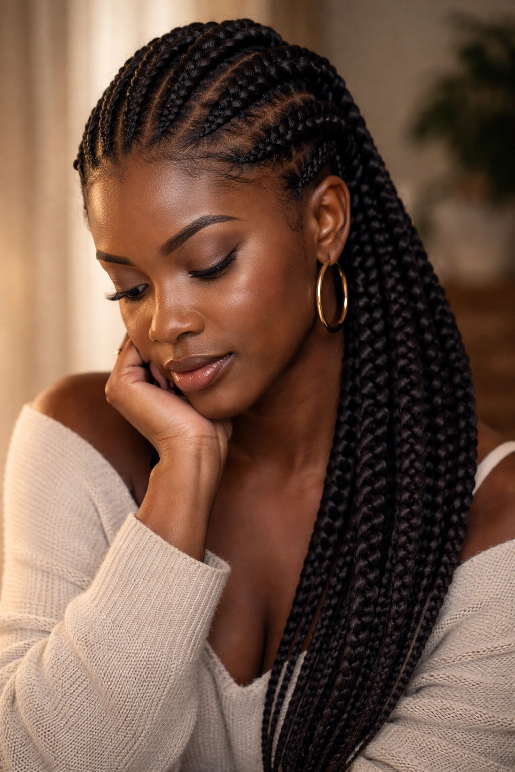 Contemplative portrait with thick 4C hair in cornrows