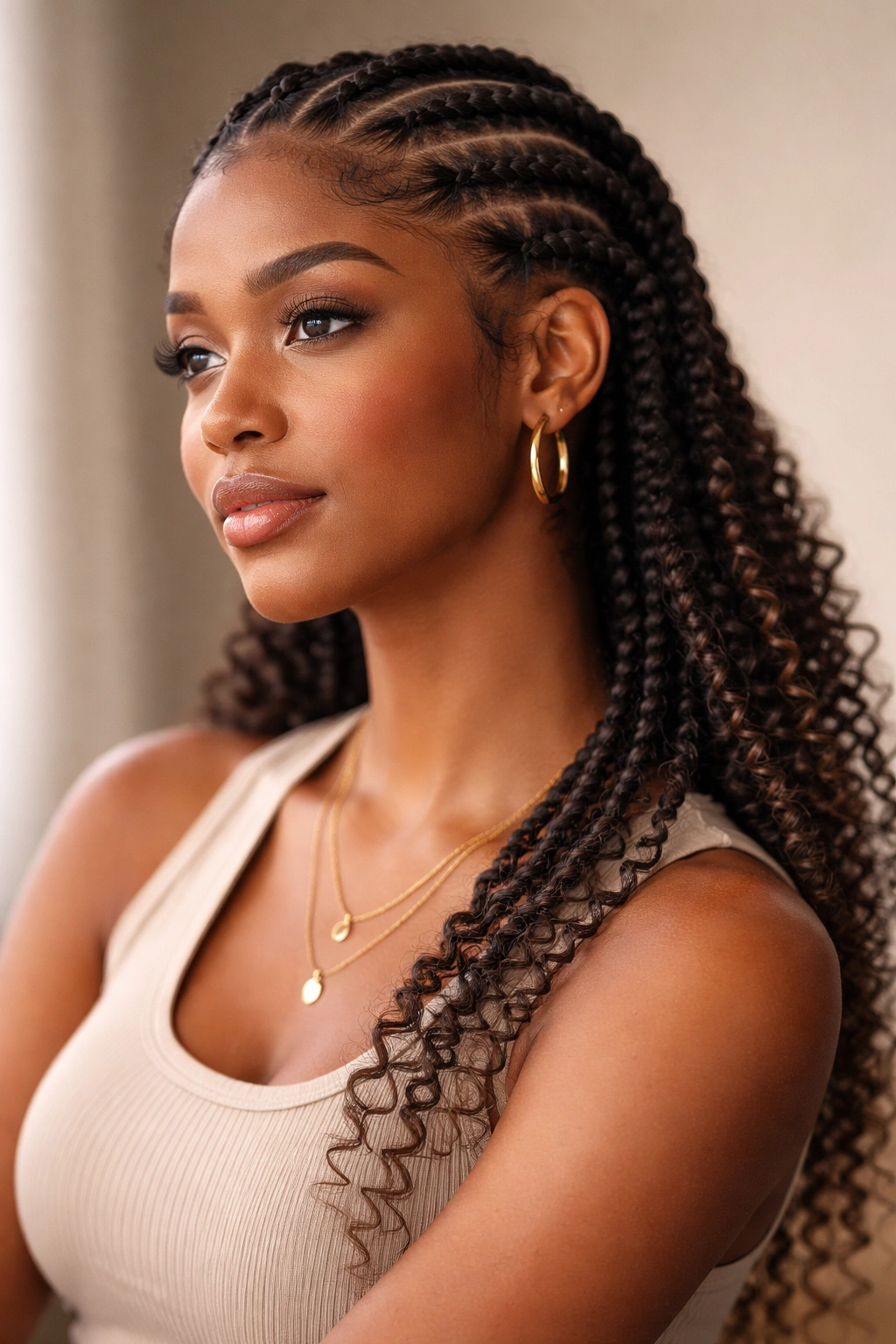 Thoughtful portrait of a person with cornrows reflecting on style longevity.