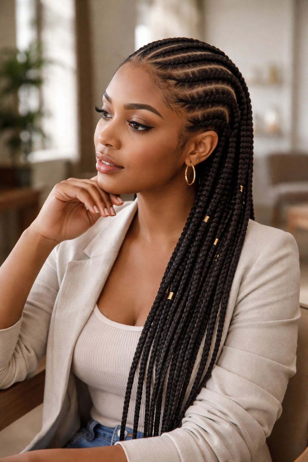 Close-up of a woman with finished cornrows in a neutral salon, thoughtful expression