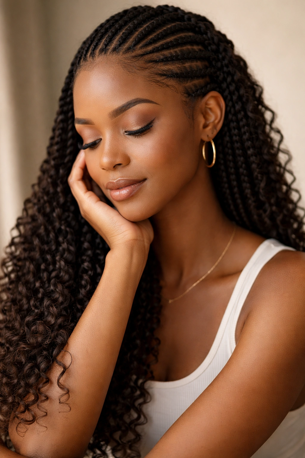 Contemplative portrait after crochet cornrows in a calm studio setting