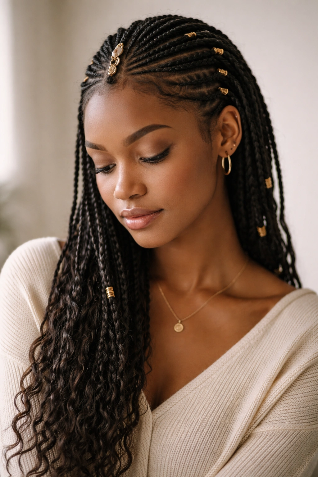 Contemplative portrait featuring a crochet Fulani braid arrangement