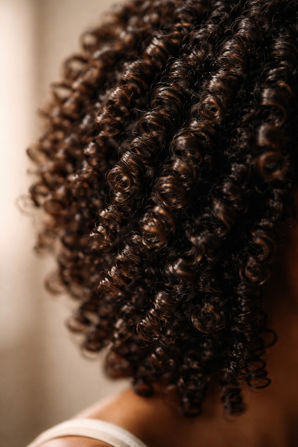 Close-up of highly defined curls with light reflection highlighting texture