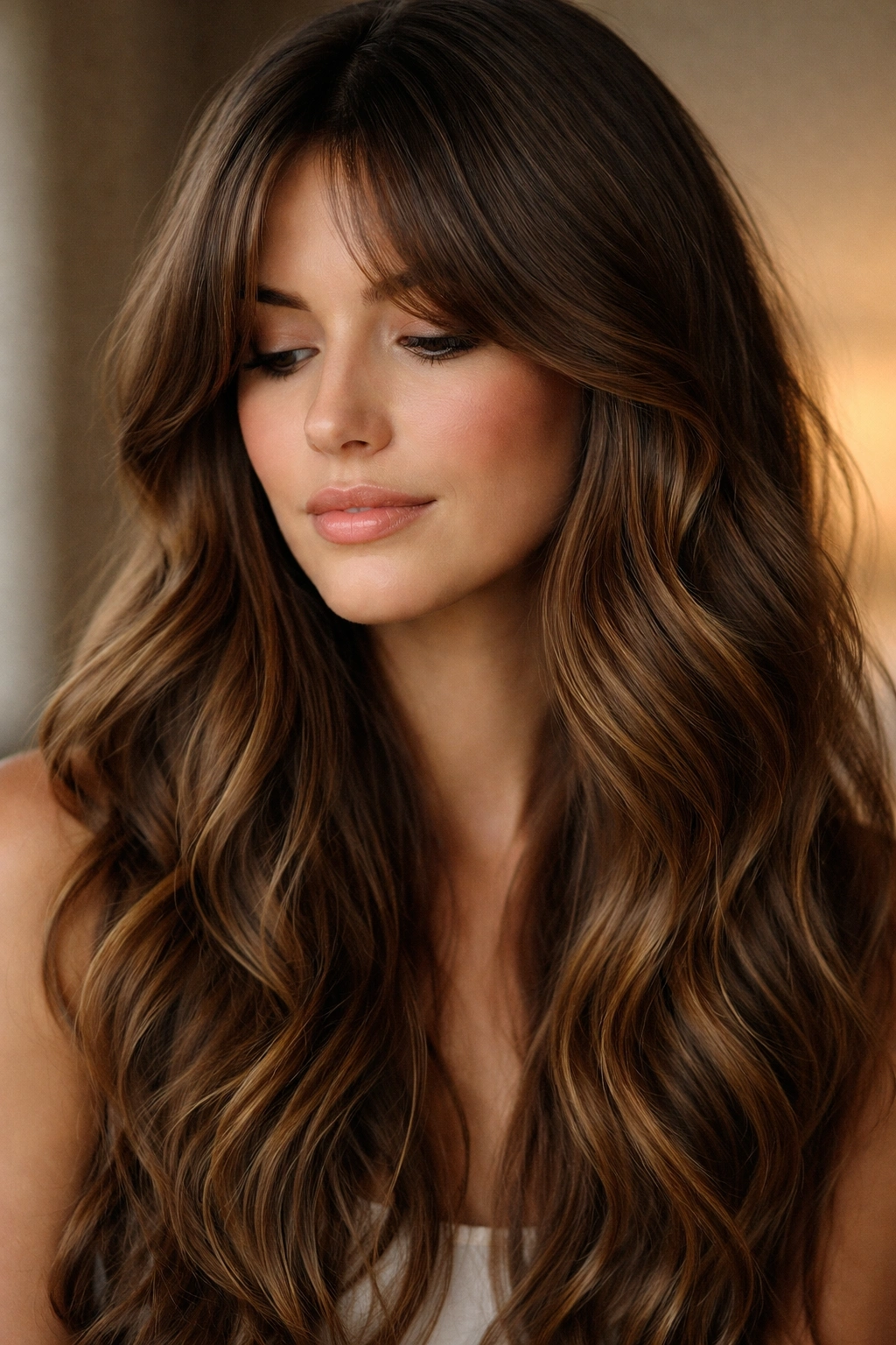 Calm portrait of hair with curtain bangs and long waves