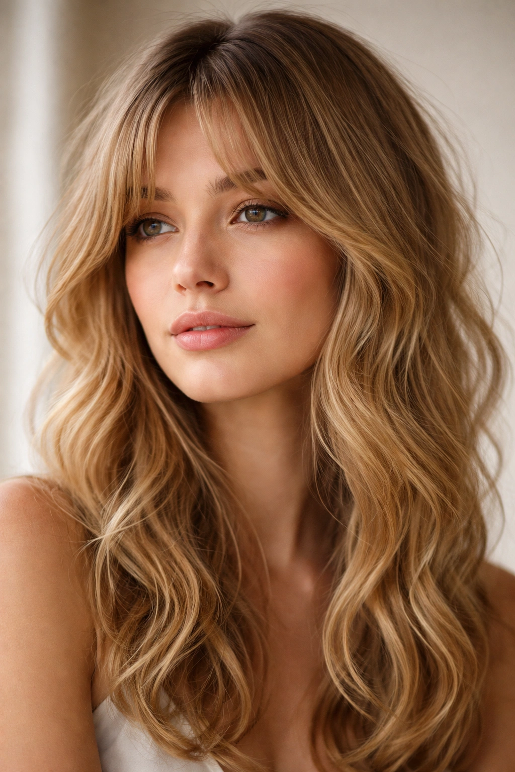 Close-up portrait of a person with fine wavy hair and curtain bangs in a neutral studio, highlighting texture
