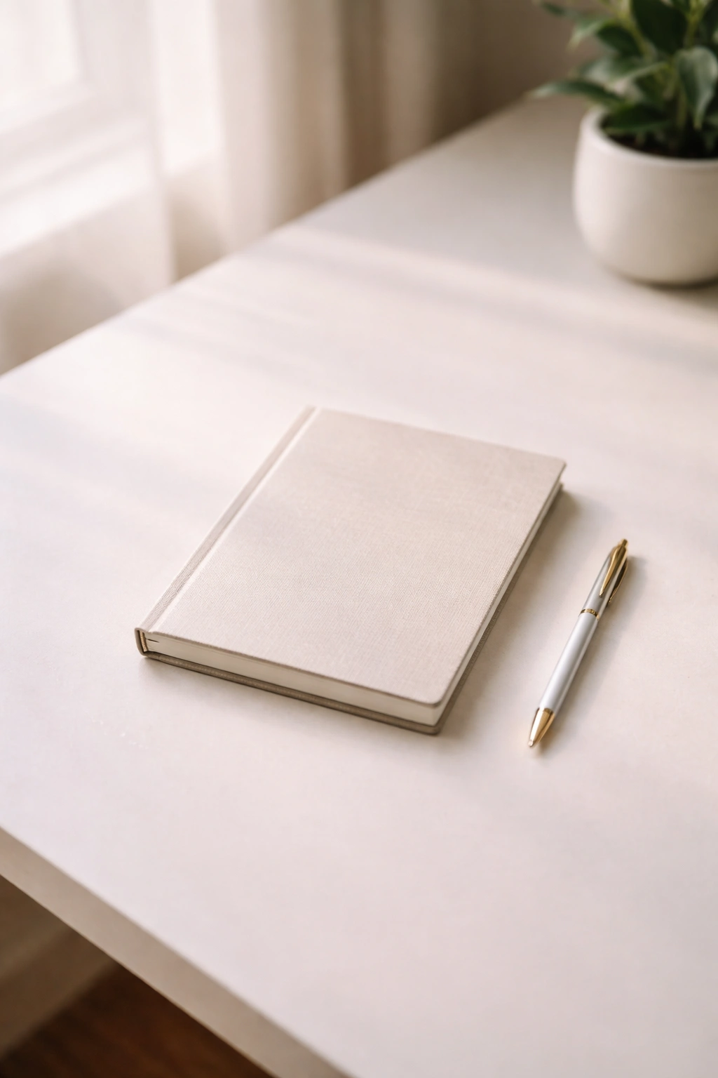 Minimalist desk with blank notebook and pen under soft natural light.