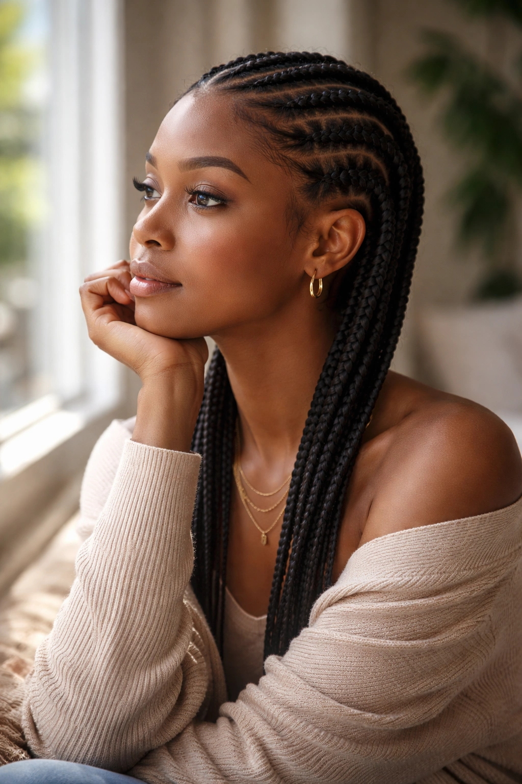 Contemplative portrait of a person with short natural hair in didi weaving