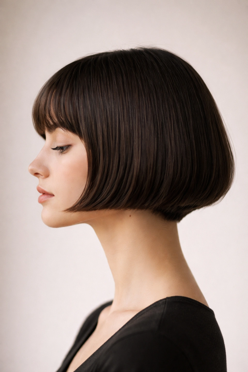 Minimalist profile silhouette of head with straight chin-length French bob