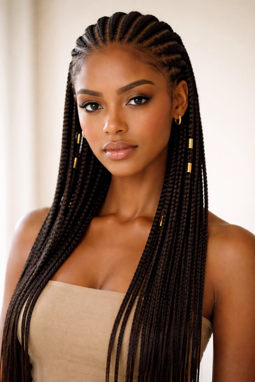 Minimalist studio portrait of straight-back Fulani braids in a calm setting