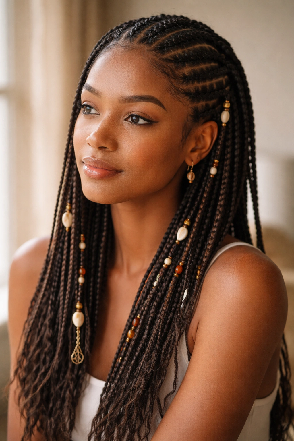 Serene portrait of person with Fulani braids