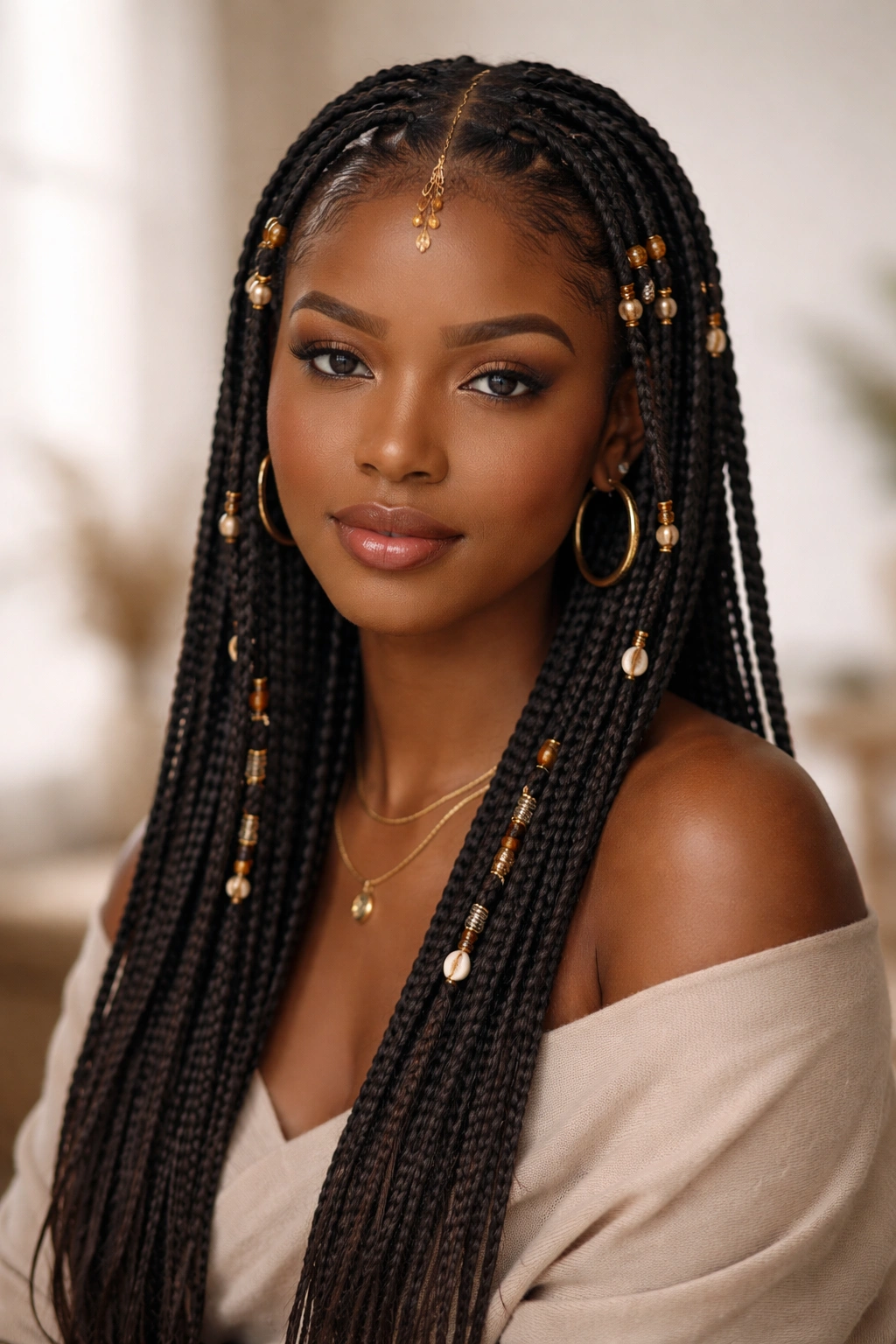 Portrait of a person with Fulani braids in a calm studio setting