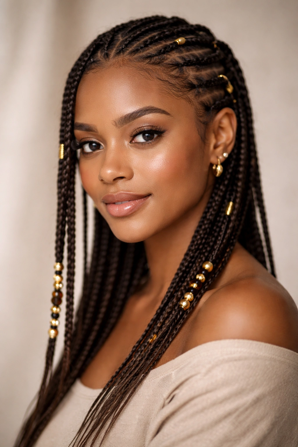 Studio portrait of thin-haired person wearing Fulani braids with beads for fullness